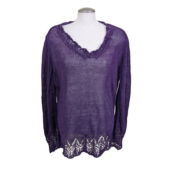 Talbots Linen Open Knit Top Womens XL Deep Plum Purple Sweater Made In Italy - Picture 1 of 8